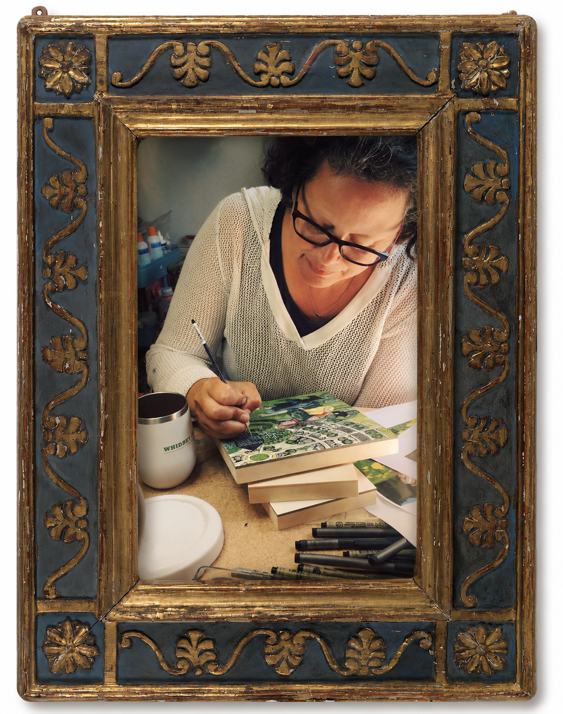 Karin Bolstad in her studio, in a Charles Prendergast mirror frame